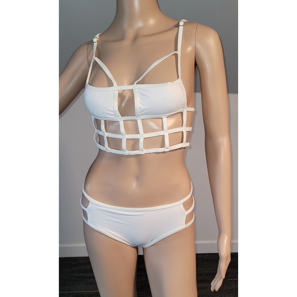 Women's White Lined Sexy Bikini Adjustable Straps  Medium SL4969-3‎